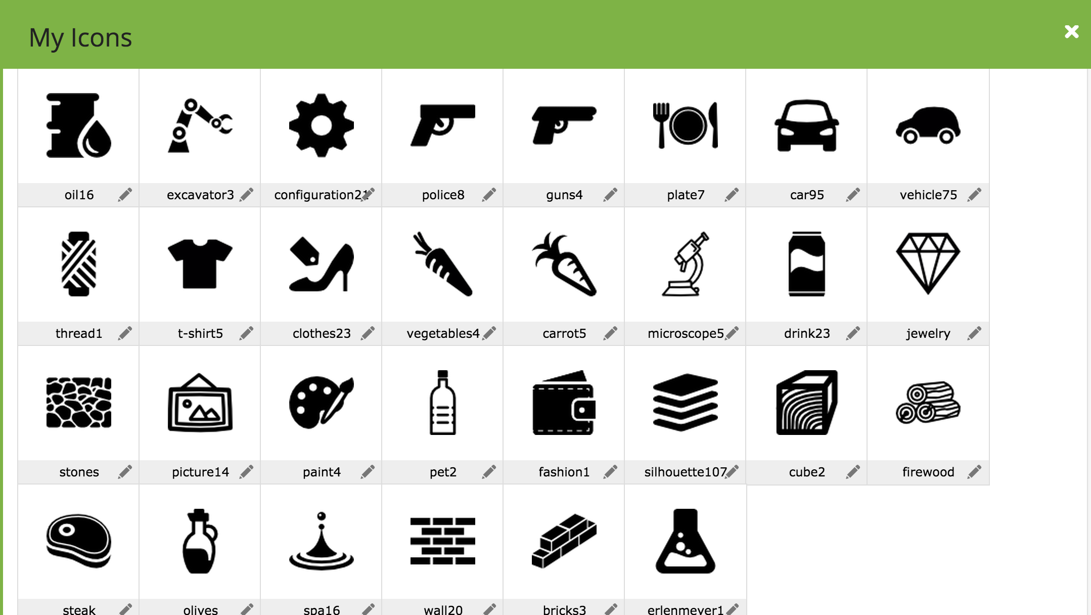 My Flaticon selection for the treemap. For some categories I selected multiple icons, to see which ones worked best.